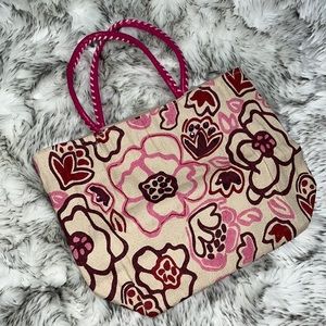 Floral Embellished Straw Paper Tote Bag